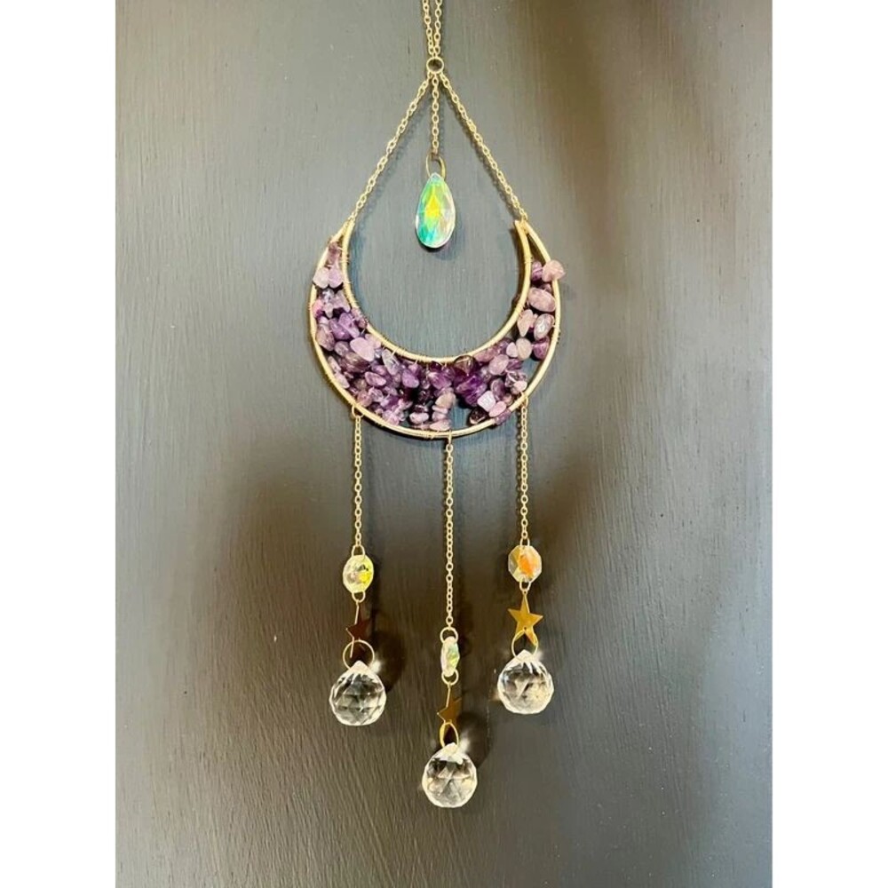 Amethyst Crescent Moon Crystal Suncatcher with Stars